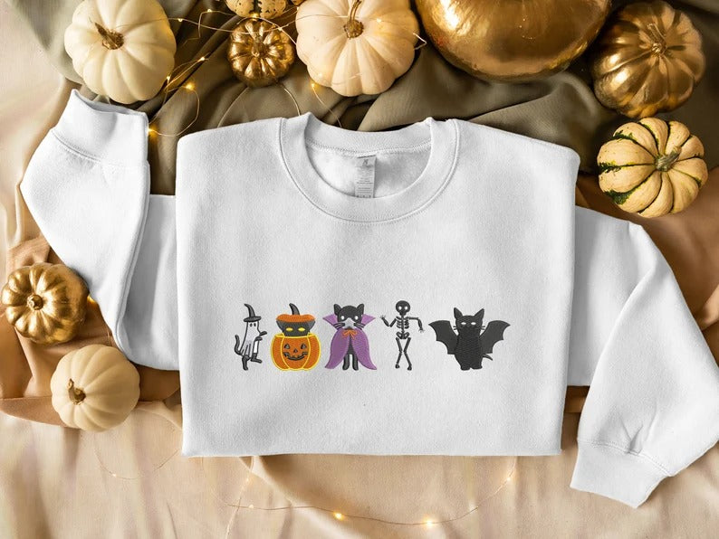 Embroidered Halloween Cats Sweatshirt, Cute Autumn Fall Sweater, Ghosts Cats Halloween Jumper, Cat Lover Gifts, Cat Sweater, Halloween Gifts