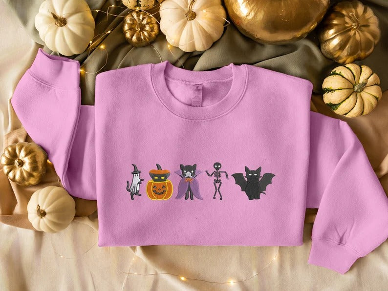 Embroidered Halloween Cats Sweatshirt, Cute Autumn Fall Sweater, Ghosts Cats Halloween Jumper, Cat Lover Gifts, Cat Sweater, Halloween Gifts