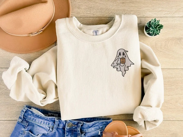 Embroidered Ghost Halloween Jumper, Cute Halloween Monogrammed Jumper, Ghost with Coffee Sweaters, Trendy Halloween Jumper, Autumn Fall Gift