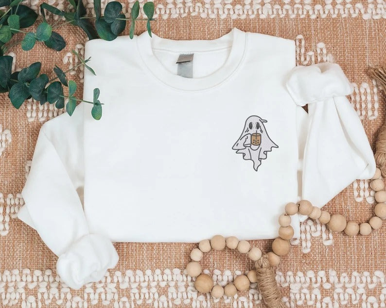 Embroidered Ghost Halloween Jumper, Cute Halloween Monogrammed Jumper, Ghost with Coffee Sweaters, Trendy Halloween Jumper, Autumn Fall Gift