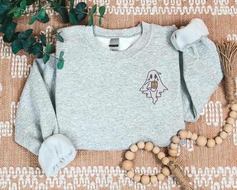 Embroidered Ghost Halloween Jumper, Cute Halloween Monogrammed Jumper, Ghost with Coffee Sweaters, Trendy Halloween Jumper, Autumn Fall Gift