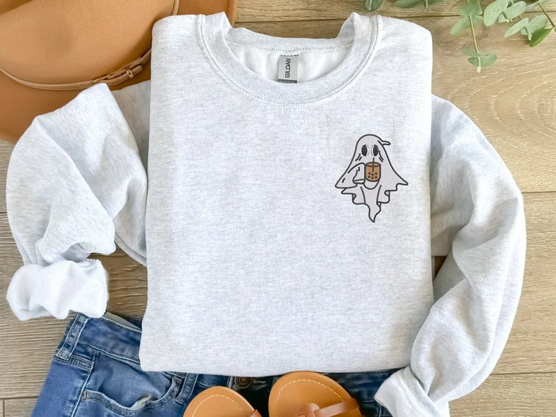 Embroidered Ghost Halloween Jumper, Cute Halloween Monogrammed Jumper, Ghost with Coffee Sweaters, Trendy Halloween Jumper, Autumn Fall Gift