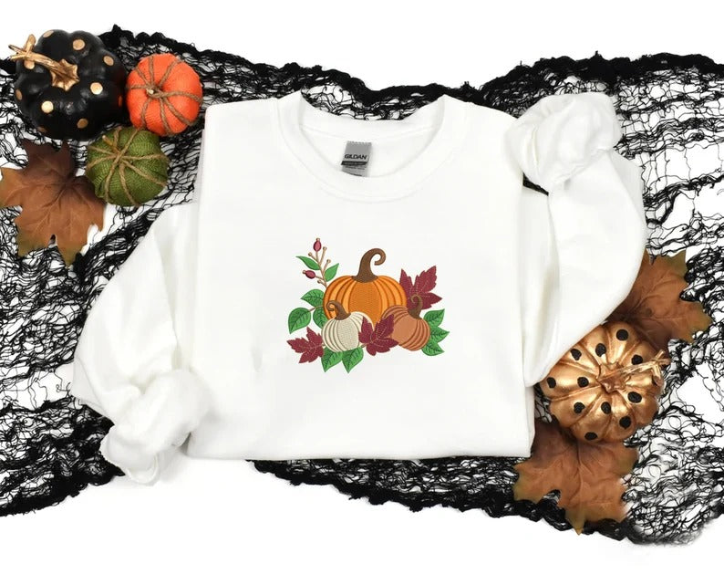 Autumn Pumpkins Embroidered Sweatshirt, Autumn Fall Leaves Crewneck Jumper, Spooky Season Fall Clothing, Halloween Outfit, Autumn Fall Gifts