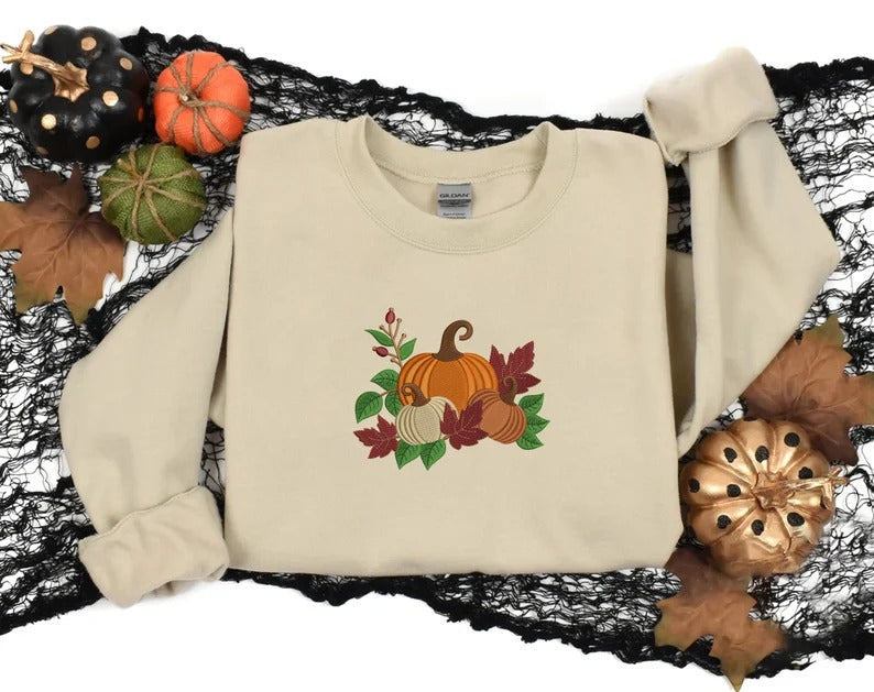 Autumn Pumpkins Embroidered Sweatshirt, Autumn Fall Leaves Crewneck Jumper, Spooky Season Fall Clothing, Halloween Outfit, Autumn Fall Gifts