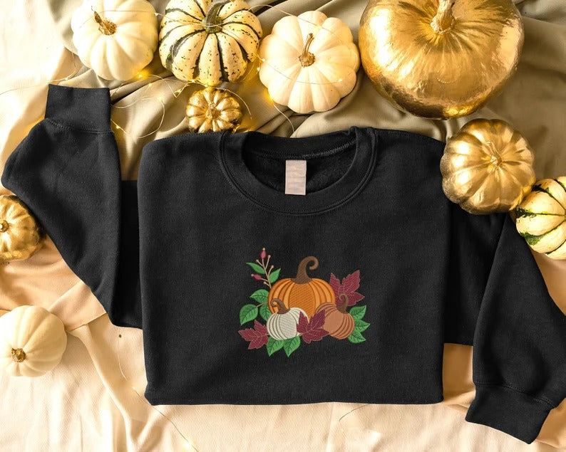 Autumn Pumpkins Embroidered Sweatshirt, Autumn Fall Leaves Crewneck Jumper, Spooky Season Fall Clothing, Halloween Outfit, Autumn Fall Gifts