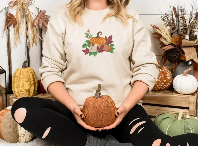 Autumn Pumpkins Embroidered Sweatshirt, Autumn Fall Leaves Crewneck Jumper, Spooky Season Fall Clothing, Halloween Outfit, Autumn Fall Gifts