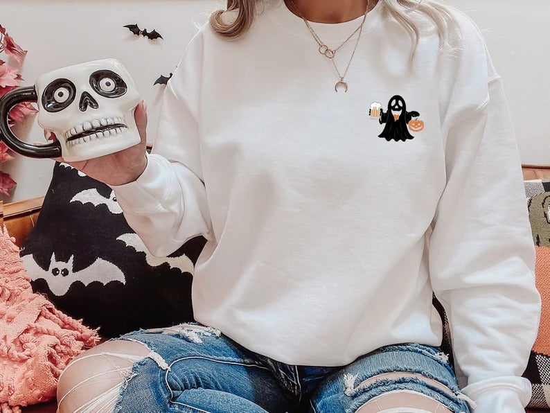 Halloween Ghost Ice Coffee Sweater, Little Ghost Monogram Printed Sweatshirt, Halloween Ghost Jumper, Unisex Crewneck Top, Halloween Outfits