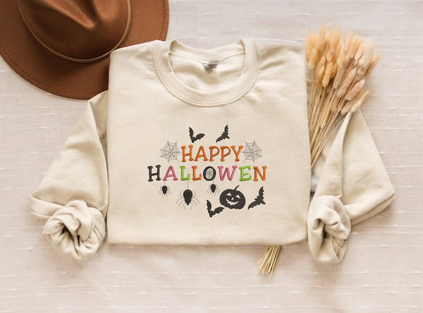 Happy Halloween Embroidered Sweatshirt, Halloween Season Comfy Colors Sweaters, Family Matching Halloween Crewneck Jumper, Autumn Fall Gifts