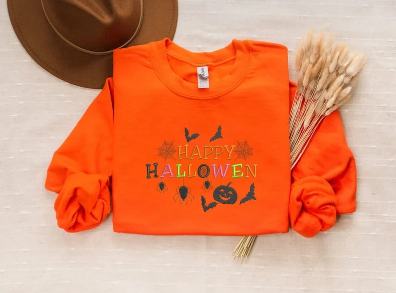 Happy Halloween Embroidered Sweatshirt, Halloween Season Comfy Colors Sweaters, Family Matching Halloween Crewneck Jumper, Autumn Fall Gifts