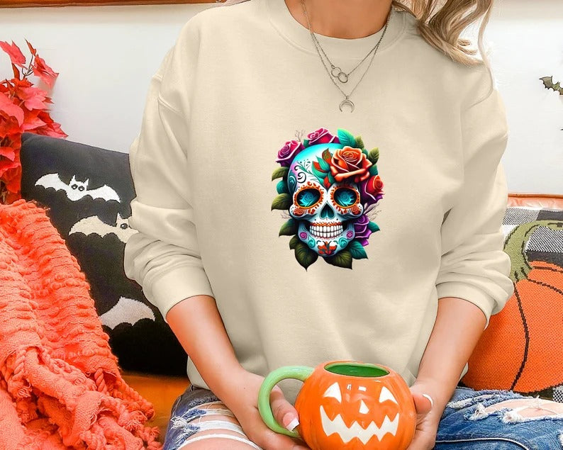 Vintage Floral Skull Halloween Jumper, Halloween Skull Sweatshirt, Halloween Unisex Comfy Sweaters, Autumn Fall Clothing, Spooky Season Tops