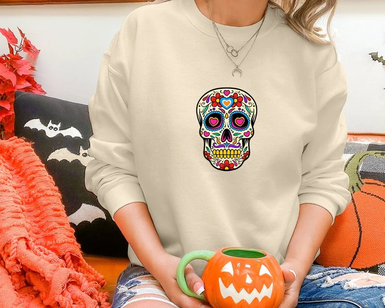 Retro Floral Skull Halloween Jumper, Halloween Skull Sweatshirt, Halloween Unisex Comfy Sweater, Autumn Fall Clothing, Spooky Season Outfits