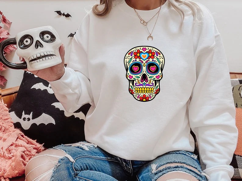 Retro Floral Skull Halloween Jumper, Halloween Skull Sweatshirt, Halloween Unisex Comfy Sweater, Autumn Fall Clothing, Spooky Season Outfits