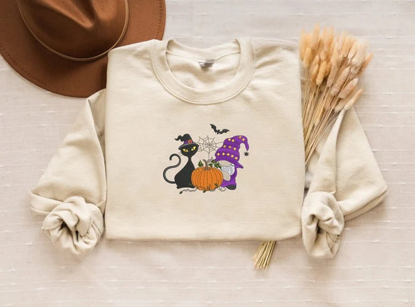 Fall Cat and Gnome Sweater, Halloween Pumpkin Embroidered Sweatshirt, Vintage Black Cat Matching Jumper, Spooky Season Gifts for Cat Lovers