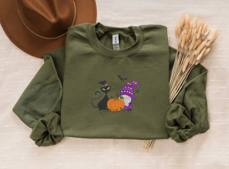 Fall Cat and Gnome Sweater, Halloween Pumpkin Embroidered Sweatshirt, Vintage Black Cat Matching Jumper, Spooky Season Gifts for Cat Lovers