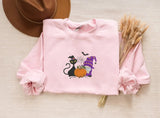 Fall Cat and Gnome Sweater, Halloween Pumpkin Embroidered Sweatshirt, Vintage Black Cat Matching Jumper, Spooky Season Gifts for Cat Lovers