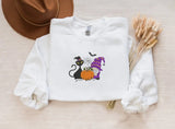 Fall Cat and Gnome Sweater, Halloween Pumpkin Embroidered Sweatshirt, Vintage Black Cat Matching Jumper, Spooky Season Gifts for Cat Lovers