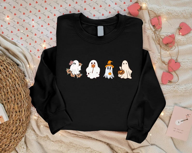 Halloween Floral Ghost Jumpers, Cute Ghosts Crewneck Sweatshirt, Halloween Unisex Sweater, Halloween Shirt, Family Halloween Gothic Outfits