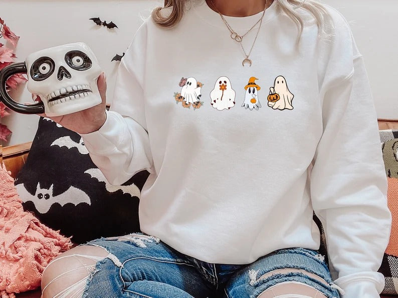 Halloween Floral Ghost Jumpers, Cute Ghosts Crewneck Sweatshirt, Halloween Unisex Sweater, Halloween Shirt, Family Halloween Gothic Outfits