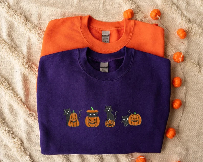 Halloween Cats & Pumpkins Sweatshirt, Embroidered Crew Neck Halloween Jumper, Spooky Season Black Cat Pumpkin Sweatshirt, Free Delivery UK