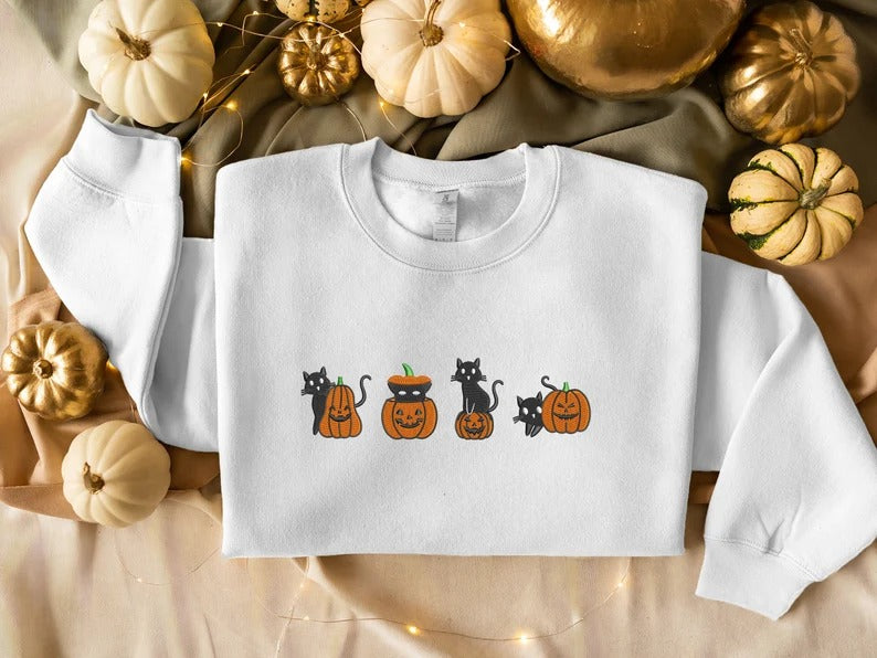 Halloween Cats & Pumpkins Sweatshirt, Embroidered Crew Neck Halloween Jumper, Spooky Season Black Cat Pumpkin Sweatshirt, Free Delivery UK