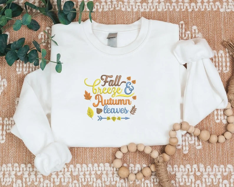 Embroidered Fall Sweatshirt, Fall Breeze Autumn Leaves Sweaters, Fall Quote Spooky Season Jumper, Autumn Fall Outfits, Halloween Night Gifts