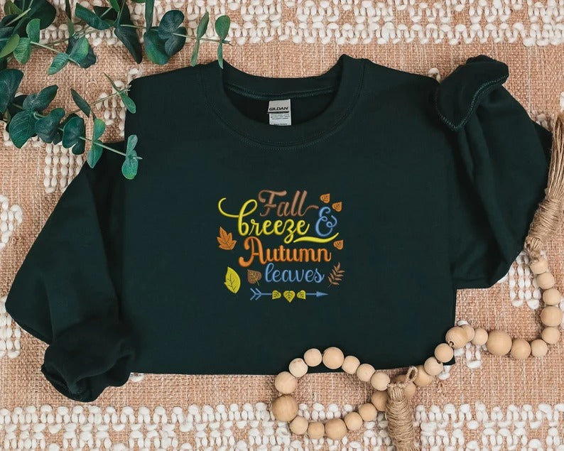 Embroidered Fall Sweatshirt, Fall Breeze Autumn Leaves Sweaters, Fall Quote Spooky Season Jumper, Autumn Fall Outfits, Halloween Night Gifts