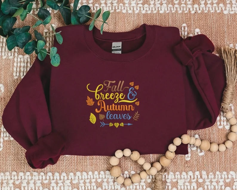 Embroidered Fall Sweatshirt, Fall Breeze Autumn Leaves Sweaters, Fall Quote Spooky Season Jumper, Autumn Fall Outfits, Halloween Night Gifts