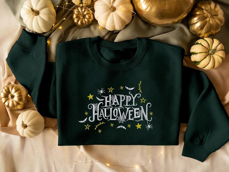 Embroidered Halloween Happy Sweatshirt, Unisex Halloween Crewneck Sweater, Comforts Colors Halloween Jumper, Cute Halloween Gifts for Her