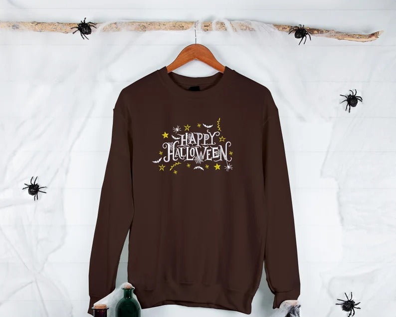 Embroidered Halloween Happy Sweatshirt, Unisex Halloween Crewneck Sweater, Comforts Colors Halloween Jumper, Cute Halloween Gifts for Her