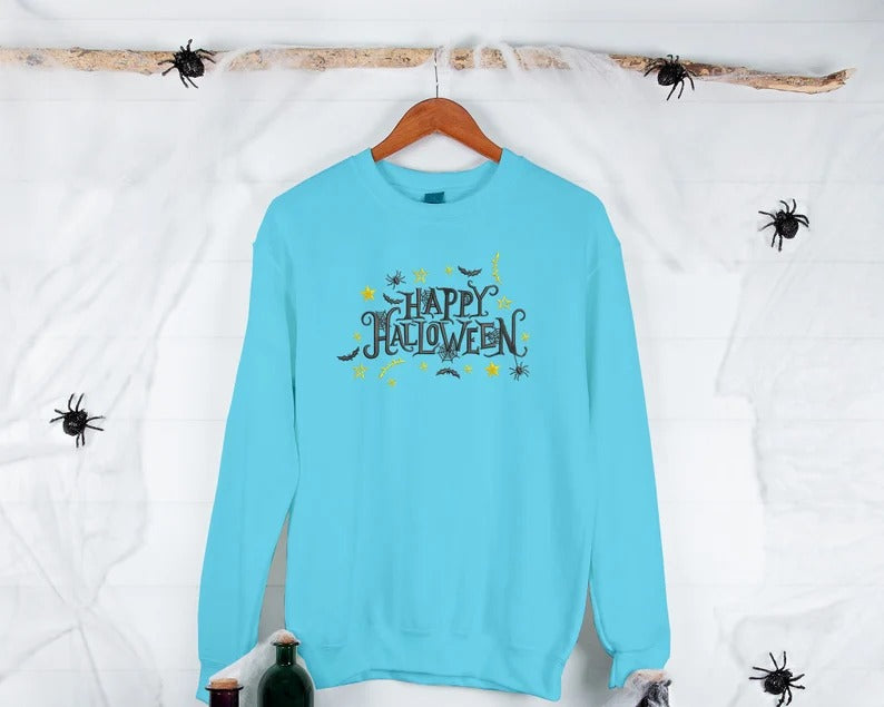 Embroidered Halloween Happy Sweatshirt, Unisex Halloween Crewneck Sweater, Comforts Colors Halloween Jumper, Cute Halloween Gifts for Her