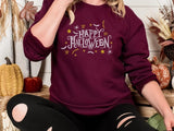 Embroidered Halloween Happy Sweatshirt, Unisex Halloween Crewneck Sweater, Comforts Colors Halloween Jumper, Cute Halloween Gifts for Her