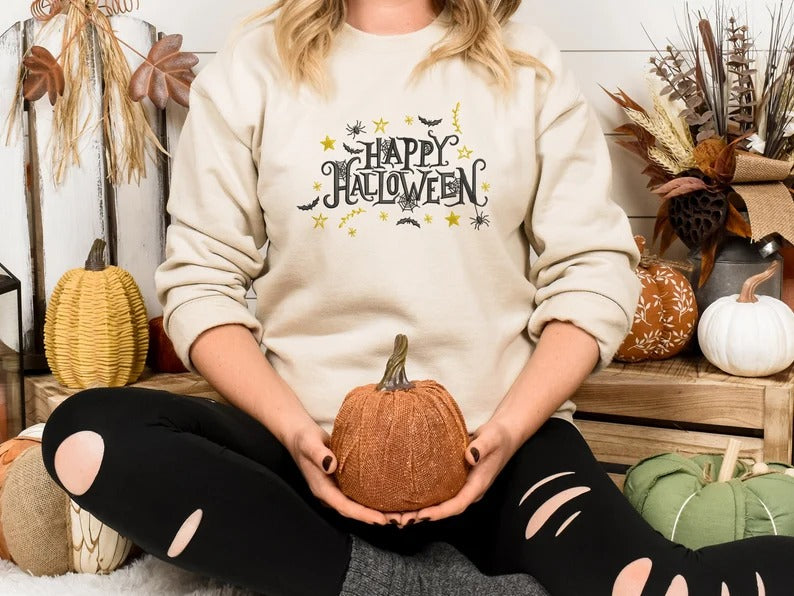 Embroidered Halloween Happy Sweatshirt, Unisex Halloween Crewneck Sweater, Comforts Colors Halloween Jumper, Cute Halloween Gifts for Her