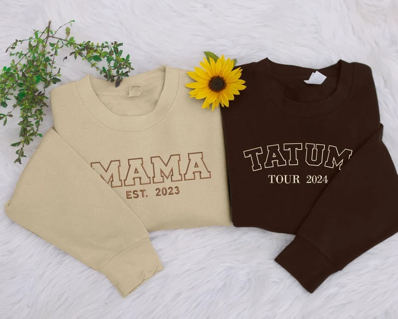 Custom Embroidered Crewneck Sweatshirt, Personalised Date Text Varsity Sweater, Comfort Color Unisex Mom Jumper, Long Distance Birthday Gift