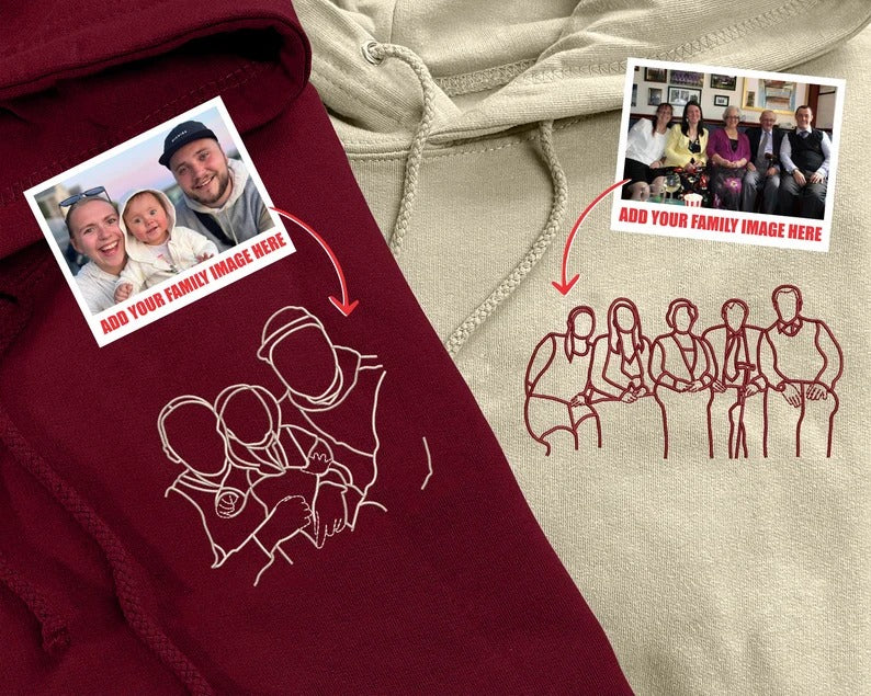 Custom Photo Sketch Couples Hoodie, Personalised Embroidered Portrait Photo Sweatshirt, Custom Text Quote Matching Longsleeve Top, Xmas Gift