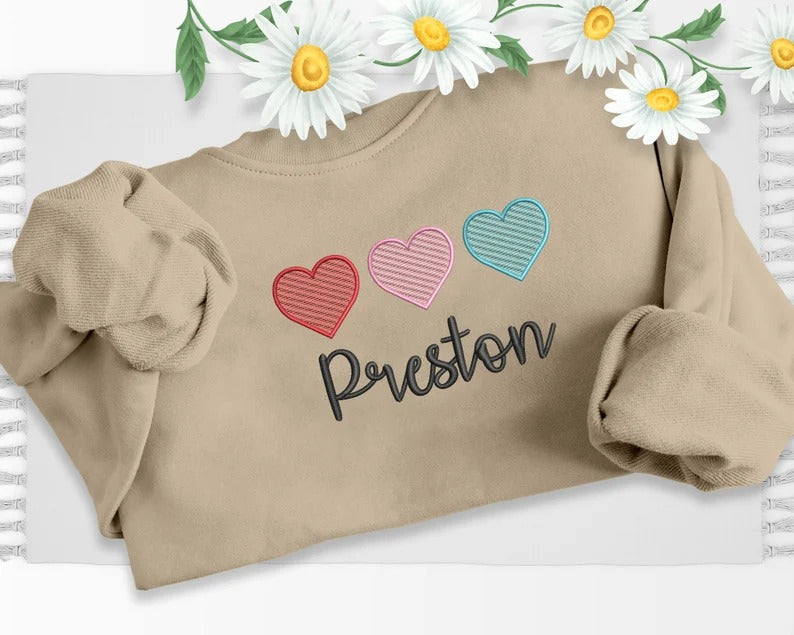 Personalised Valentine Hearts Trio Sweatshirt, Embroidered Couple Matching Custom Name or Text Sweater, Valentine Unisex Jumper, GF BF Gifts