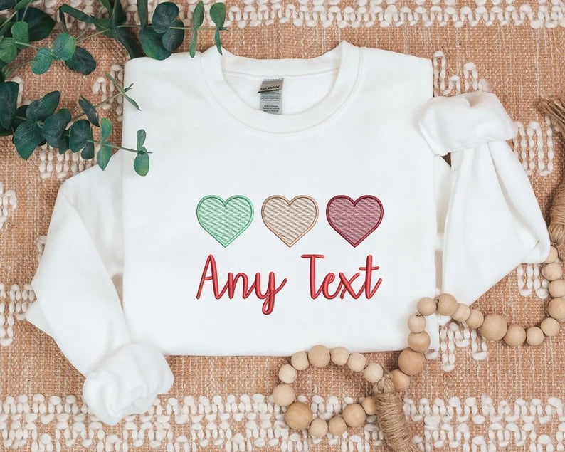 Personalised Valentine Hearts Trio Sweatshirt, Embroidered Couple Matching Custom Name or Text Sweater, Valentine Unisex Jumper, GF BF Gifts