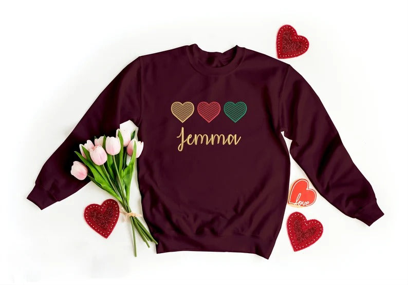 Personalised Valentine Hearts Trio Sweatshirt, Embroidered Couple Matching Custom Name or Text Sweater, Valentine Unisex Jumper, GF BF Gifts