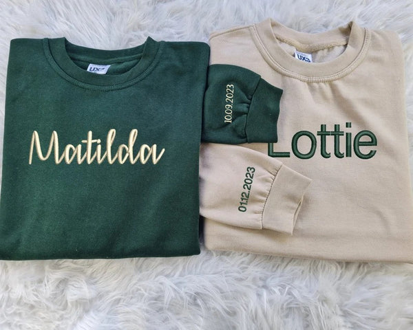 Embroidered Sweatshirt, Personalised Name Text Crewneck Sweater, Custom Date On Sleeve Pullover Jumper, Couple Matching Special Date Outfits