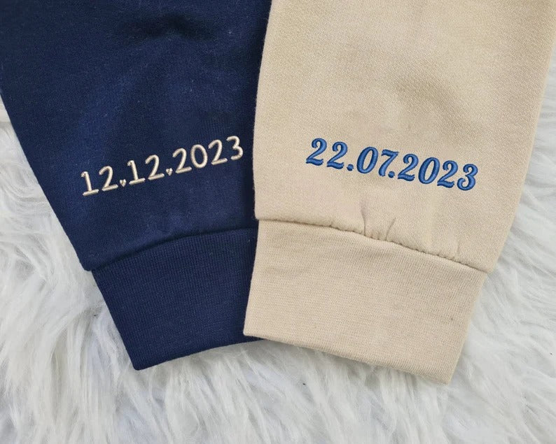 Embroidered Sweatshirt, Personalised Name Text Crewneck Sweater, Custom Date On Sleeve Pullover Jumper, Couple Matching Special Date Outfits