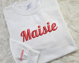 Embroidered Sweatshirt, Personalised Name Text Crewneck Sweater, Custom Date On Sleeve Pullover Jumper, Couple Matching Special Date Outfits