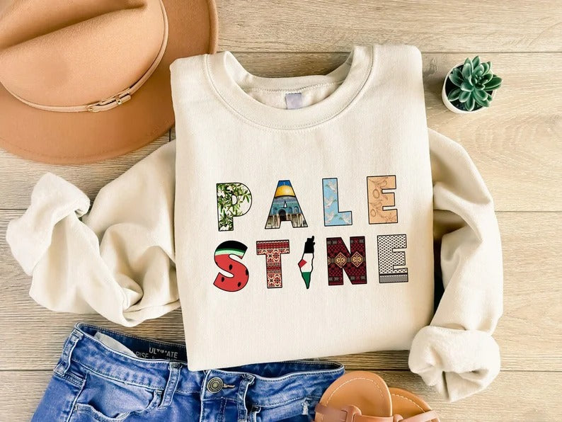 Palestine Retro Printed Sweatshirt, Palestine Name Design Crewneck Sweater, Palestine Jumper, Comfy Adult Pullover Top