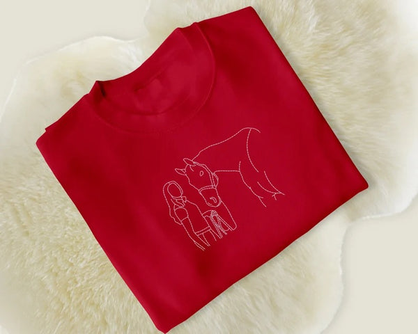 Personalised Horse Portrait Sweatshirt, Embroidered Outline Sketch from Photo Sweater, Custom Pet Name Jumper, Unique Gifts for Horse Lovers