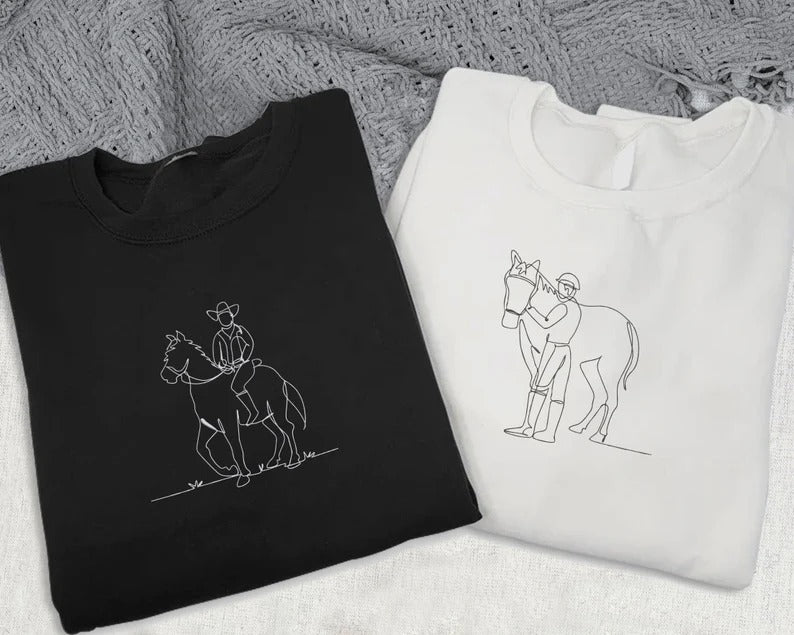 Personalised Horse Portrait Sweatshirt, Embroidered Outline Sketch from Photo Sweater, Custom Pet Name Jumper, Unique Gifts for Horse Lovers