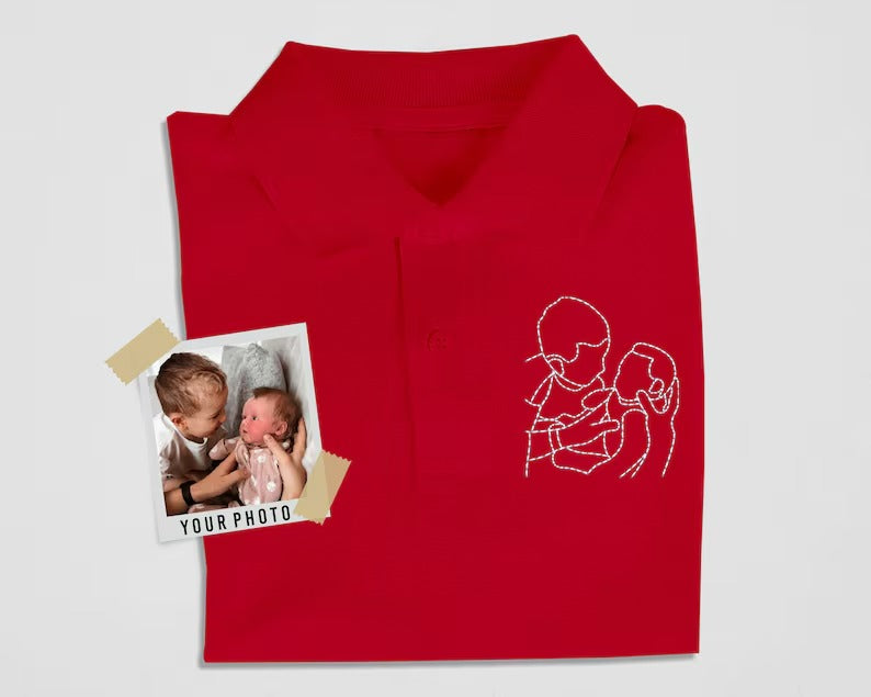 Custom Couple Portrait from Photo Shirt, Embroidered Outline Sketch Polo Shirt, Personalised Couple Matching TShirt, Memorial Birthday Gifts