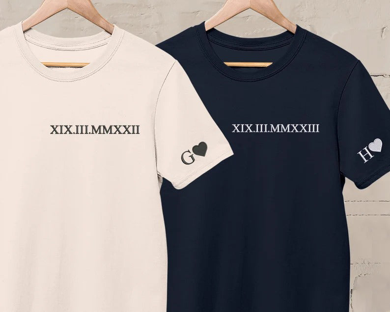 Roman Numeral Embroidered Matching T-shirts, Personalised Couple Initials Shirt, Custom Wedding Date memorial Tee, Anniversary Couple Top