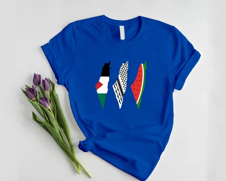 Palestine Maps T Shirt, Palestine Watermelon flag keffiyeh Maps Shirt, Adults Crewneck Comfy Tee Shirts, Next Day Free Shipping UK