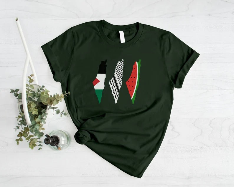 Palestine Maps T Shirt, Palestine Watermelon flag keffiyeh Maps Shirt, Adults Crewneck Comfy Tee Shirts, Next Day Free Shipping UK