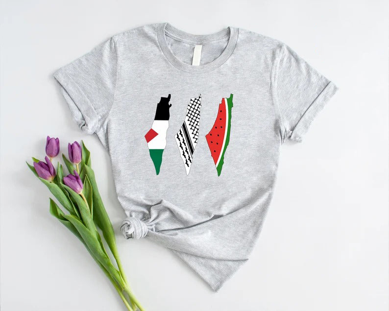 Palestine Maps T Shirt, Palestine Watermelon flag keffiyeh Maps Shirt, Adults Crewneck Comfy Tee Shirts, Next Day Free Shipping UK