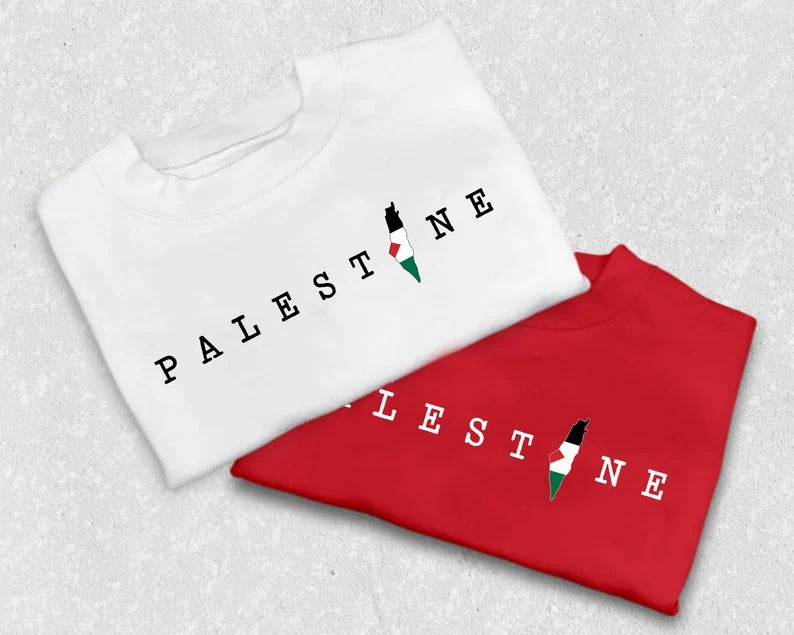 Palestine Tshirts, Palestine Map Flag Printed Crewneck Shirts, Palestine Adults Sizes Tee Tops, Palestine Clothing