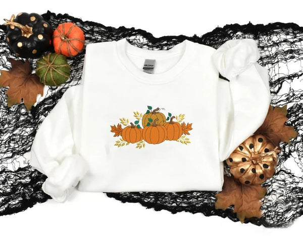 Embroidered Pumpkins Sweatshirt, Spooky Season Autumn Leaves Fall Sweater, Halloween Jumper, Thanksgiving Gift for Couple, Halloween Pumpkin